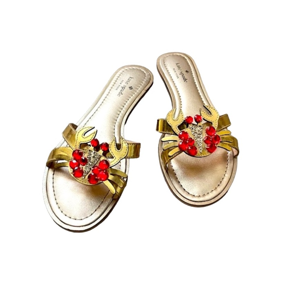 RARE KATE SPADE SEBASTIAN LEATHER GOLD RED CRAB SANDAL RHINESTONE METALLIC 9